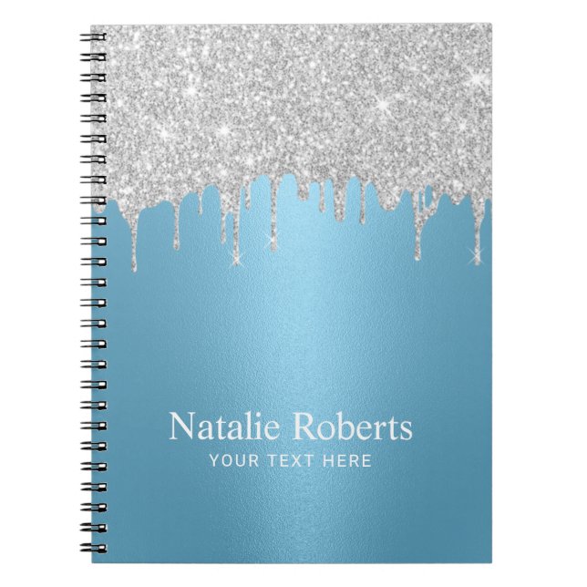 Cuaderno Moderno Purpurina plateado gotea azul claro (Frente)