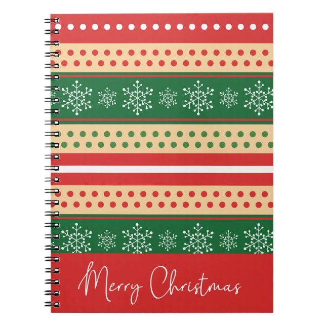 Cuaderno Moderno Red Green Feliz Navidad Copos de nieve (Frente)