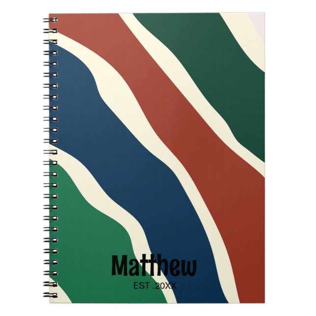 Cuaderno Moderno verde y azul Rojo Rayado Monograma Script (Frente)