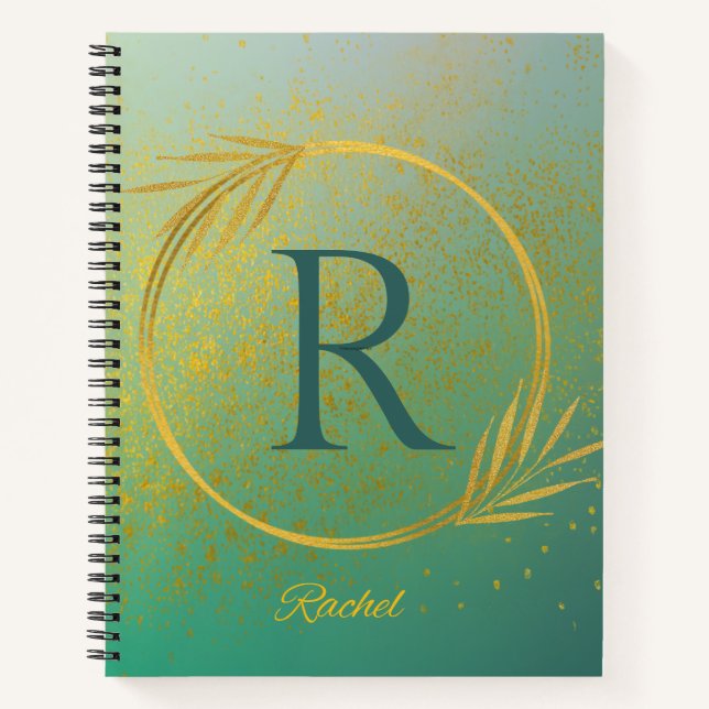 Cuaderno Moderno y de lujo Gold & Turquoise Nombre personal (Anverso)