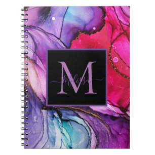 Cuaderno Moderno y elegante Monograma rosa con marmol morad