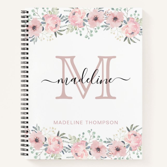 Cuaderno Moderno y elegante Monograma Rubor floral rosa (Anverso)