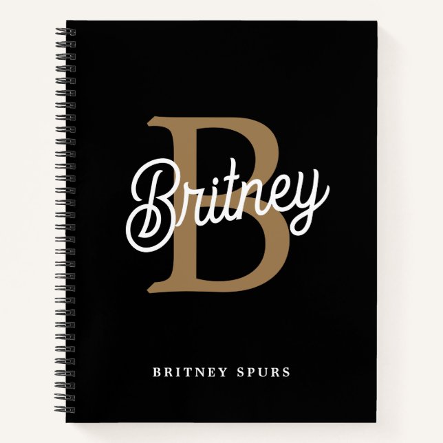 Cuaderno Moderno y elegante nombre de monograma Black Gold  (Anverso)