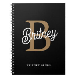 Cuaderno Moderno y elegante nombre de monograma Black Gold