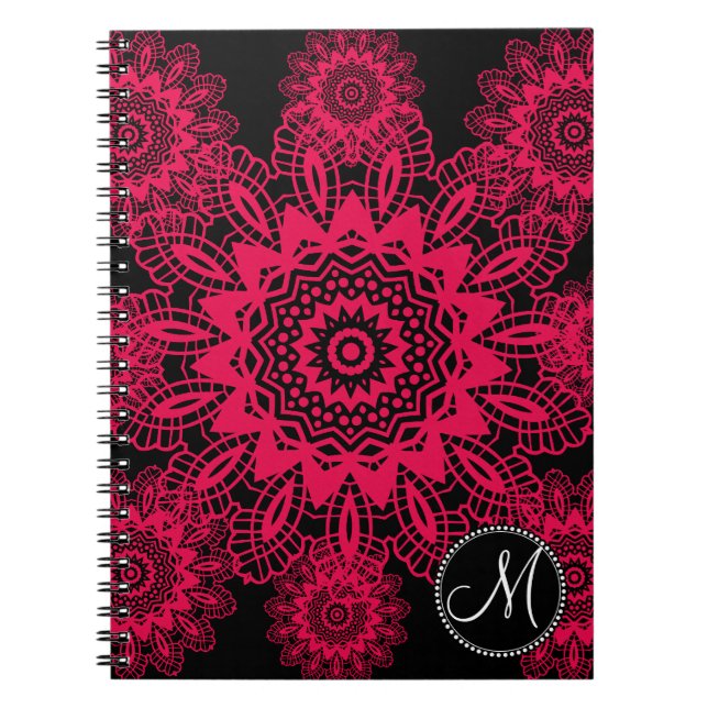 Cuaderno Mongram Black Hot Pink Fuchsia Lace Snowflake (Frente)