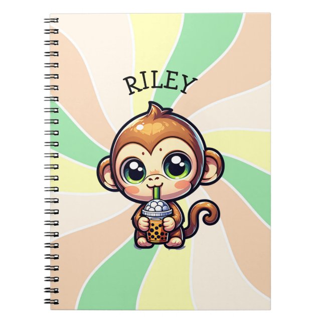 Cuaderno Mono kawaii con té de burbuja personalizado (Frente)