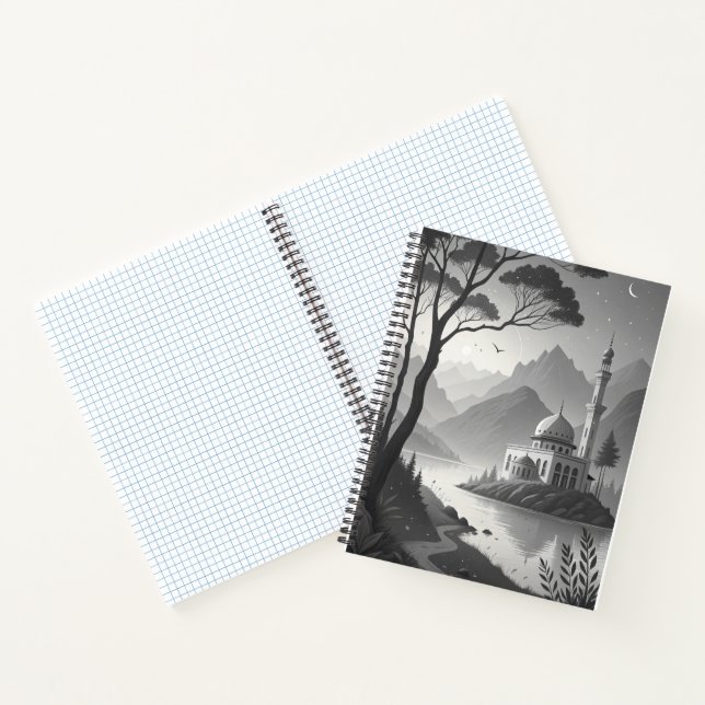 Cuaderno Monochrome Mosque Landscape with Mountain Lake Vie (Interior)