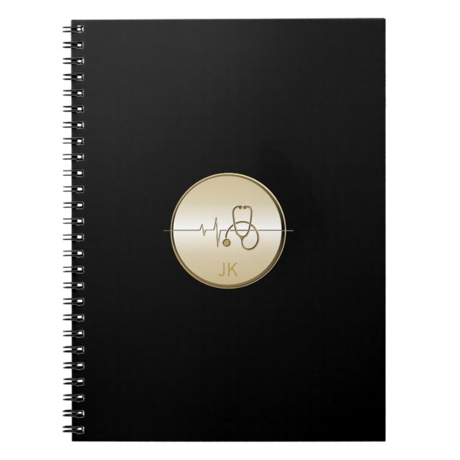 Cuaderno Monogram Black Gold Medical Stethoscope Heartbeat (Frente)