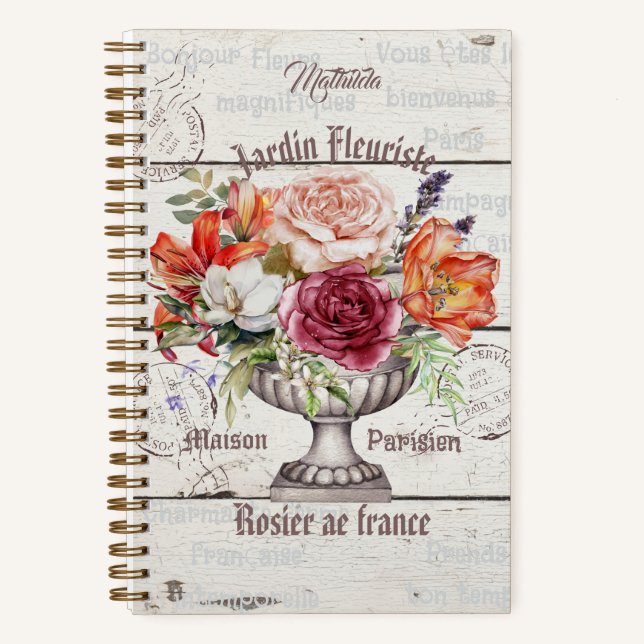 Cuaderno Monogram elegant rustic wood floral French artwork (Anverso)