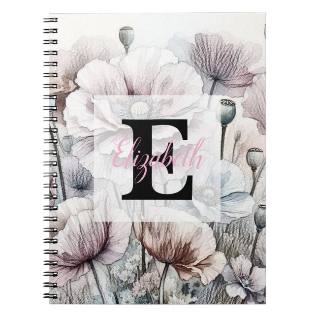 Cuaderno Monogram floral drawing pink pastel poppy flowers  (Frente)