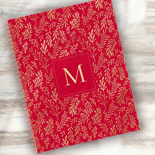 Cuaderno Monogram Luxury Red Gold Leaf Pattern Festive (Subido por el creador)