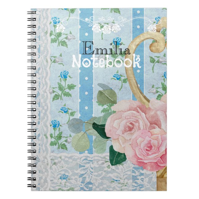Cuaderno Monogram rustic floral pink Blue Antique artwork (Frente)