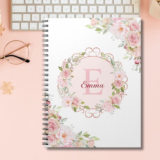 Cuaderno Monogram Watercolor Blush Pink Rose Flowers Floral (In situ)