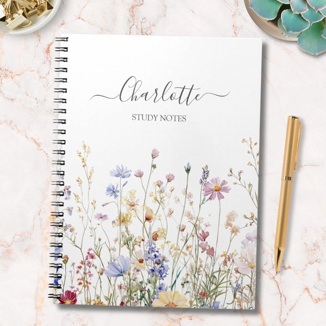 Cuaderno Monogram Watercolor Rustic Pretty Wildflower Field (In situ)