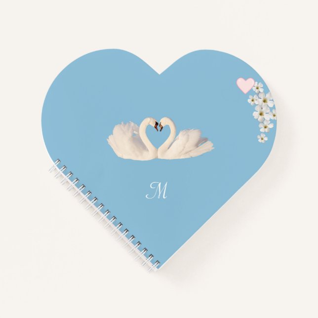 Cuaderno Monogram White Flowers and Swans on Light Blue (Anverso)