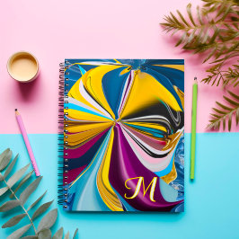 Cuaderno Monograma Abstracto Licuado 3D Azul Púrpura Dorado