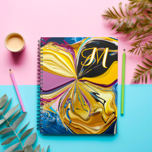 Cuaderno Monograma abstracto licuado de flor dorada púrpura