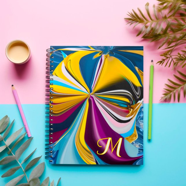 Cuaderno Monograma abstracto licuado de oro y púrpura azul  (Subido por el creador)