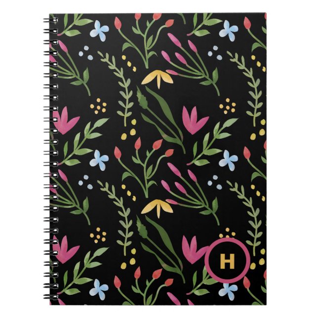 Cuaderno Monograma acuarela Flor silvestre Negro Botánico (Frente)