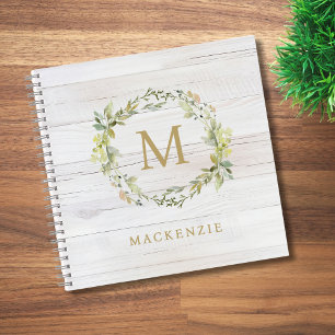 Cuaderno Monograma Acuarela Floral de Madera Rústica