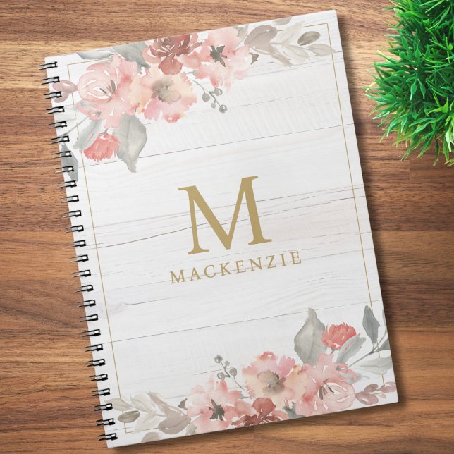 Cuaderno Monograma Acuarela Floral Rosa de Madera Rústica (Subido por el creador)