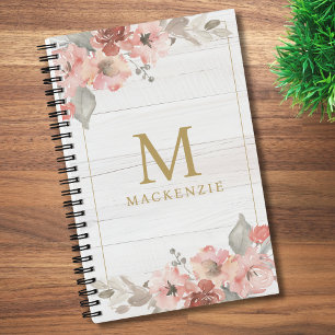 Cuaderno Monograma Acuarela Floral Rosa Madera Rústica