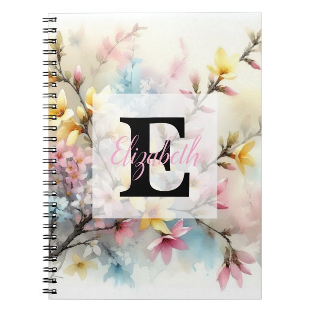 Cuaderno Monograma acuarela flores rosadas amarillas de pri (Frente)