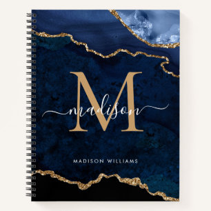 Cuaderno Monograma Agate Geode Purpurina de la Marina Blue 