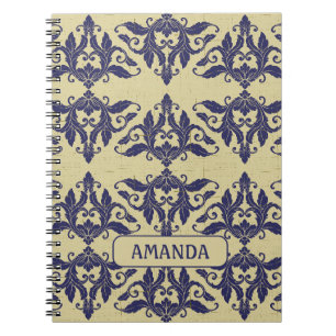 Cuaderno Monograma Amarillo Azul Marino Damasco Vintage