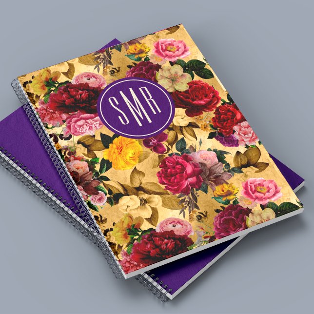 Cuaderno Monograma amarillo elegante de flores rosas (Subido por el creador)