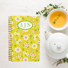 Cuaderno Monograma amarillo y blanco con flores de mod retr