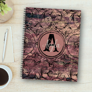 Cuaderno Monograma antiguo púrpura de madera y floral negra