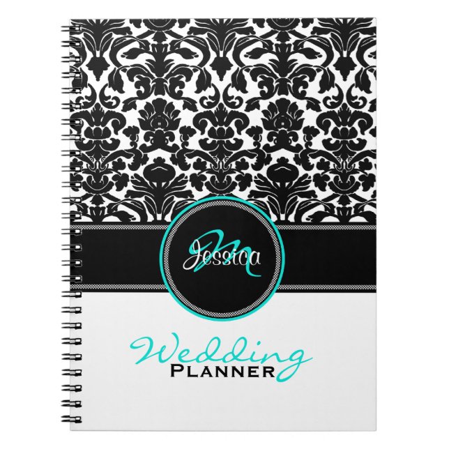 Cuaderno Monograma Aqua Black Damask Wedner Planner (Frente)