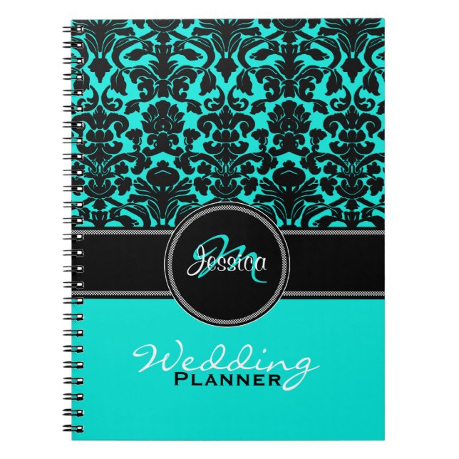 Cuaderno Monograma Aqua Black Damask Wedner Planner (Frente)
