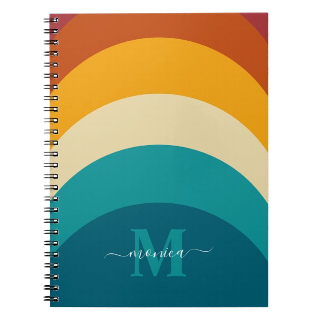 Cuaderno Monograma arcoiris Nombre personalizado Retro Traz (Frente)