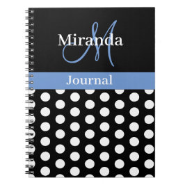 Cuaderno Monograma azul blanco negro Script Polka Dot