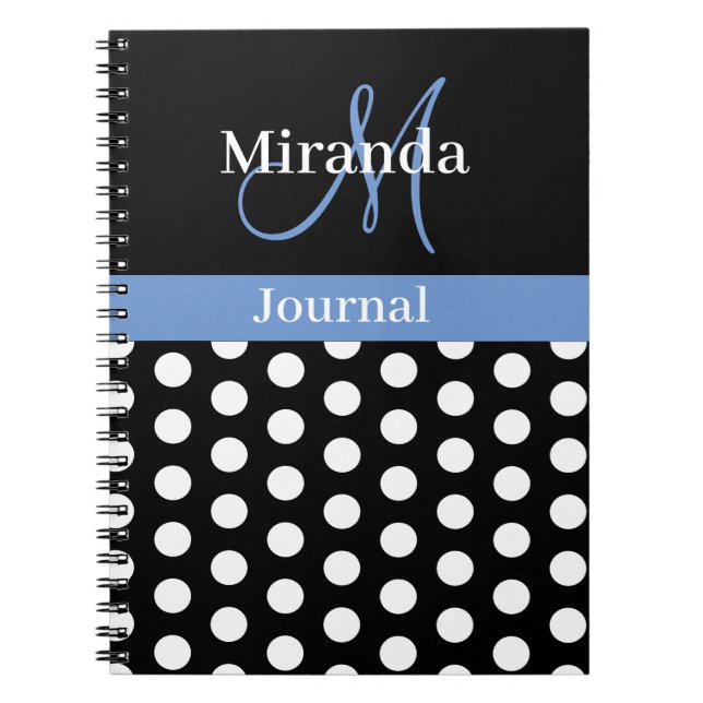 Cuaderno Monograma azul blanco negro Script Polka Dot (Frente)