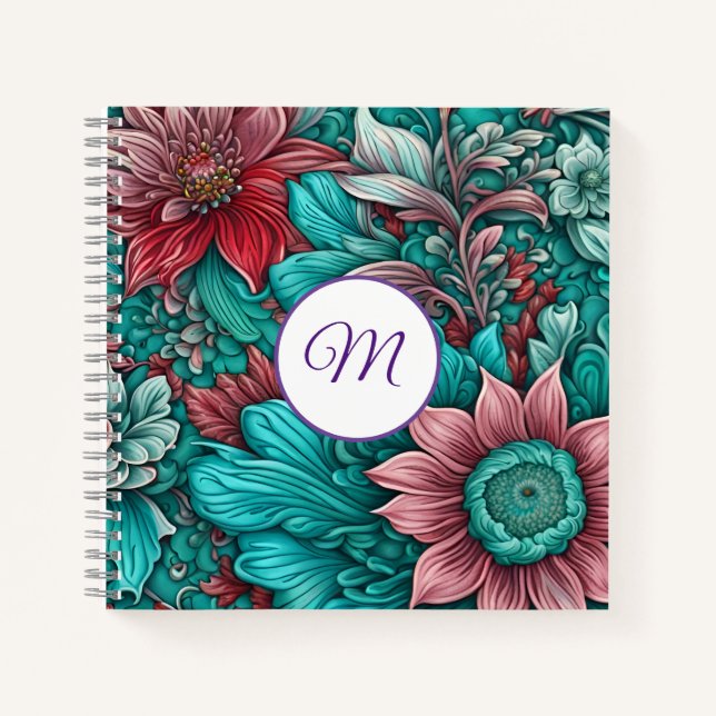 Cuaderno Monograma, azul cian, rojo, flores caprichosas (Anverso)