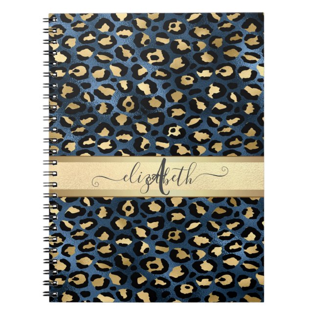Cuaderno Monograma Azul con Estampado de Leopardo Dorado (Frente)