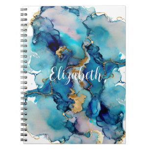 Cuaderno Monograma Azul Dorado Splash Acuarela Abstracto