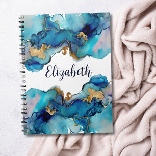 Cuaderno Monograma Azul Dorado Splash Acuarela Abstracto