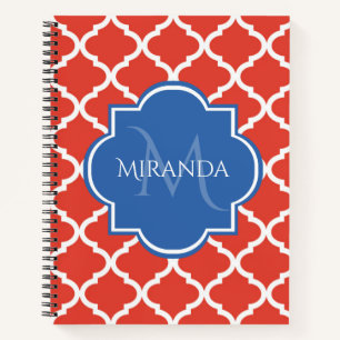 Cuaderno Monograma azul trendy y quatrefoil rojo