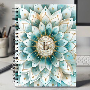 Cuaderno Monograma Azul Verde azulado Oro Floral Mandala