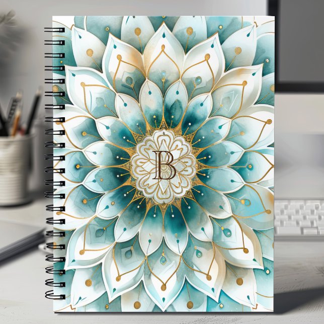 Cuaderno Monograma Azul Verde azulado Oro Floral Mandala (Subido por el creador)