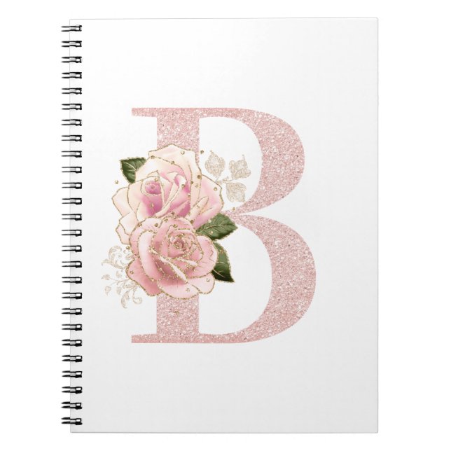 Cuaderno Monograma B Purpurina floral Girly Pale Rosa Gold (Frente)