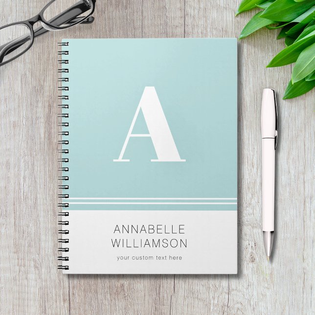 Cuaderno Monograma blanco acuático moderno portátil simple (Modern simple minimalist monogram notebook with customizable text in mint aqua and white.)