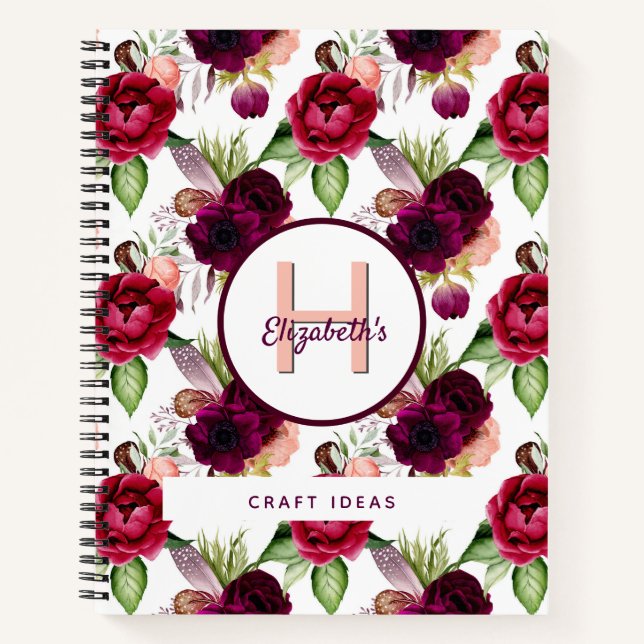 Cuaderno Monograma blanco burdeos floral elegante (Anverso)