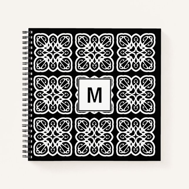 Cuaderno Monograma blanco geométrico negro de bonito (Anverso)