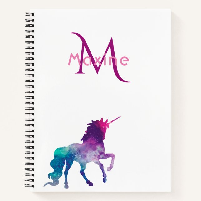 Cuaderno Monograma blanco morado de unicornio (Anverso)