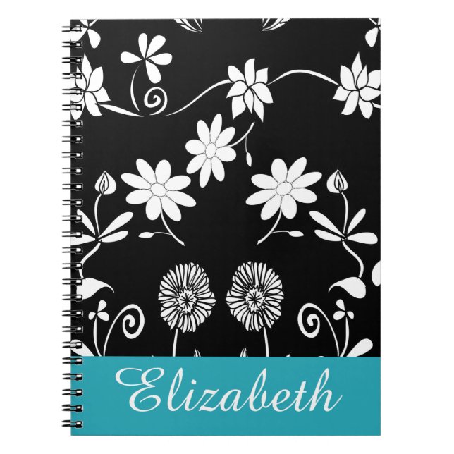 Cuaderno Monograma blanco negro floral de Chevron personali (Frente)